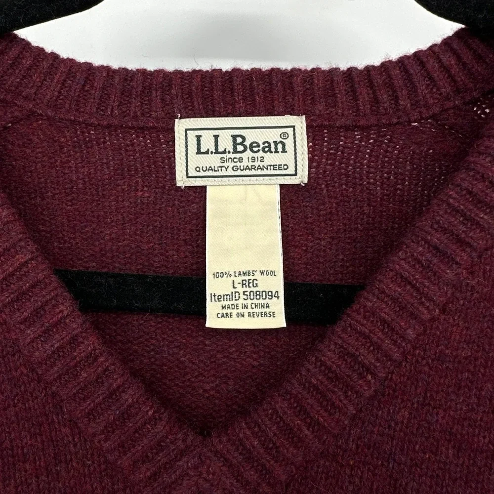 Vntg LL Bean Mens Knit Lambswool V Neck Sweater Burgundy Red L Christmas Holiday